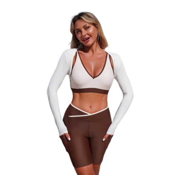 HAPIMO Women’s Tankini Swimsuit Athletic Swimwear Sports Bra Shorts Long Sleeve Sun Protection Cover Up 3 Piece Bathing Suit Sports Shrug Coffee L