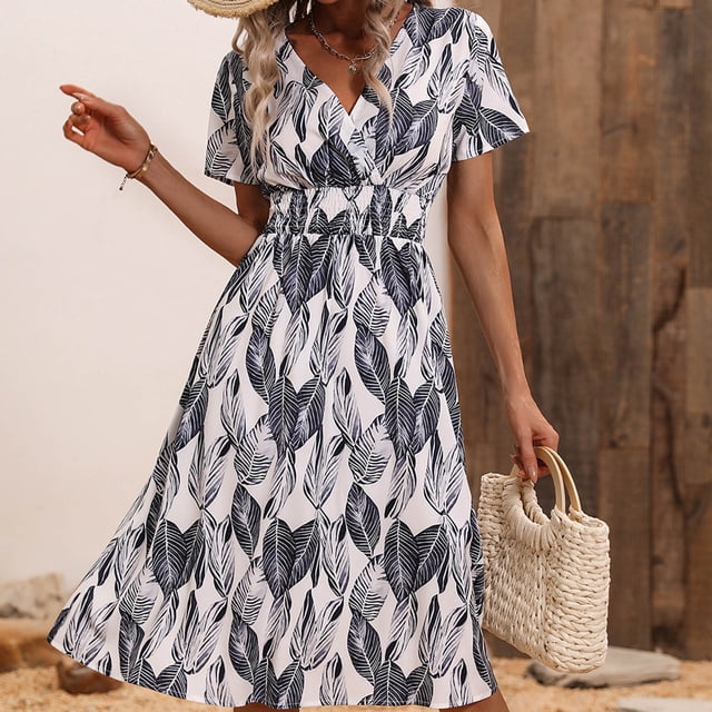 Mefallenssiah Robe d'Été à Manches Courtes et Col en V pour Femme