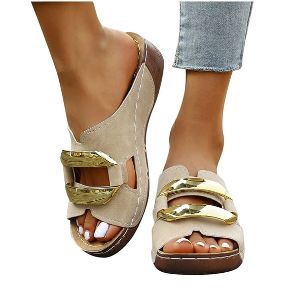 WoMen's Memory Foam Fuzzy Slippers Knitted House Fashion Casual Spring And Summer Style Solid Color Hollow Metal Buckle Fish Mouth Open Toe One-Foot Thick Bottom Wedge Heel Slippers