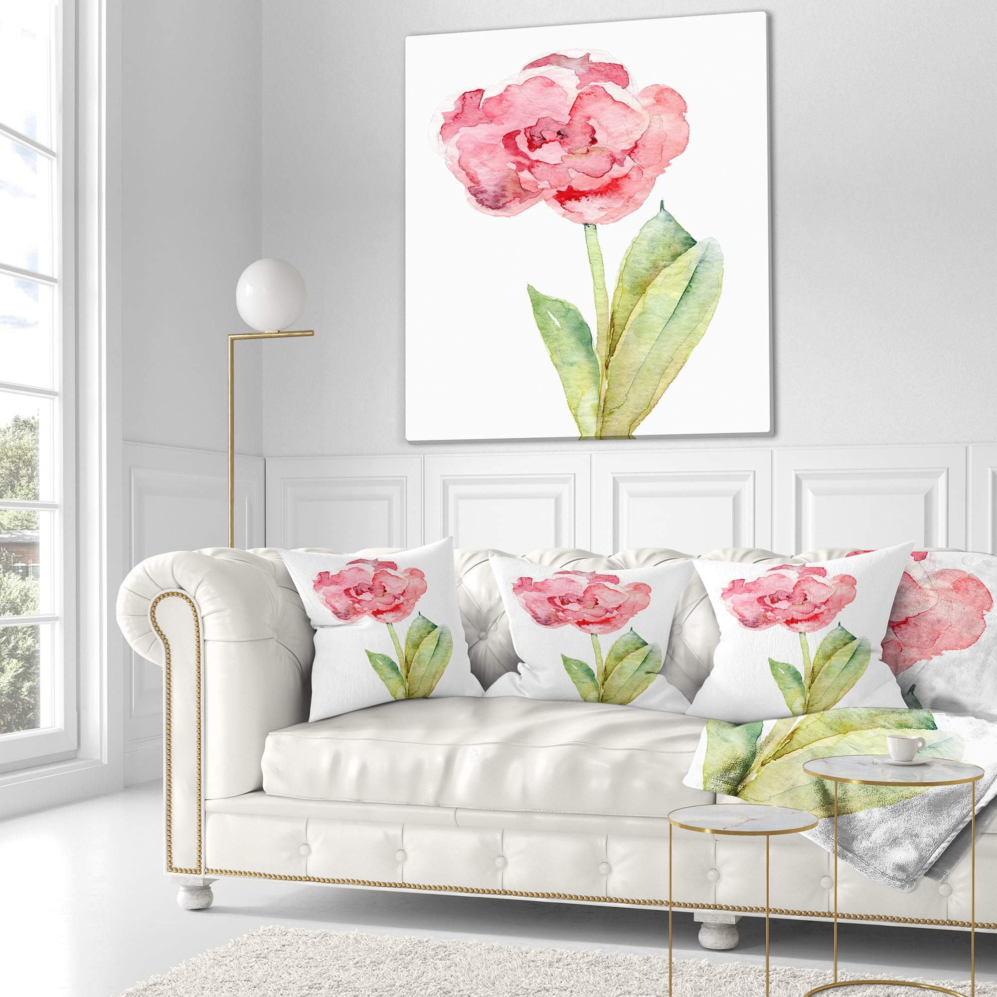 Designart Single Pink Tulip on White Background - Flower Throw Pillow - 16x16