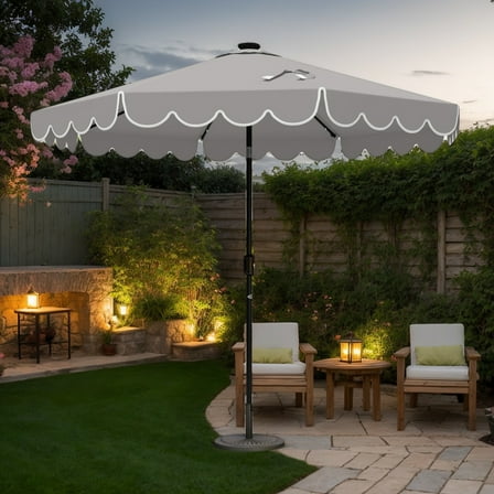 Spaco 9.3 FT Solar Patio Umbrella with 24 LED Lights Vented Top, Outdoor Shade with Ruffles, Gray