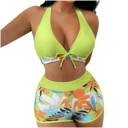 JGGSPWM Women s Halter Top Floral Swim Shorts Bikini Set 2 Piece Swimsuit Bathing Suit Modest Drawstrings Front Swim Tops Bikini Set Green S