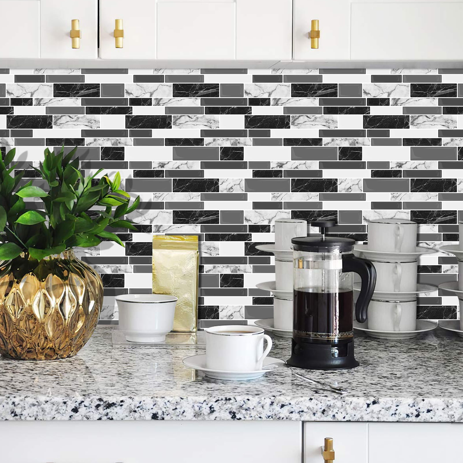 DEWOO 10 Sheets Peel and Stick Tile Backsplash, Stick on Wall Tiles, Self Adhesive Tile Sticker for Kitchen Backsplash and Bathroom(12"x12",Black Marble)