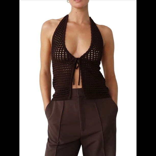 Camisola Corta con Cuello Halter y Lazo Frontal de Crochet para Mujer, para Playa Color Café L
