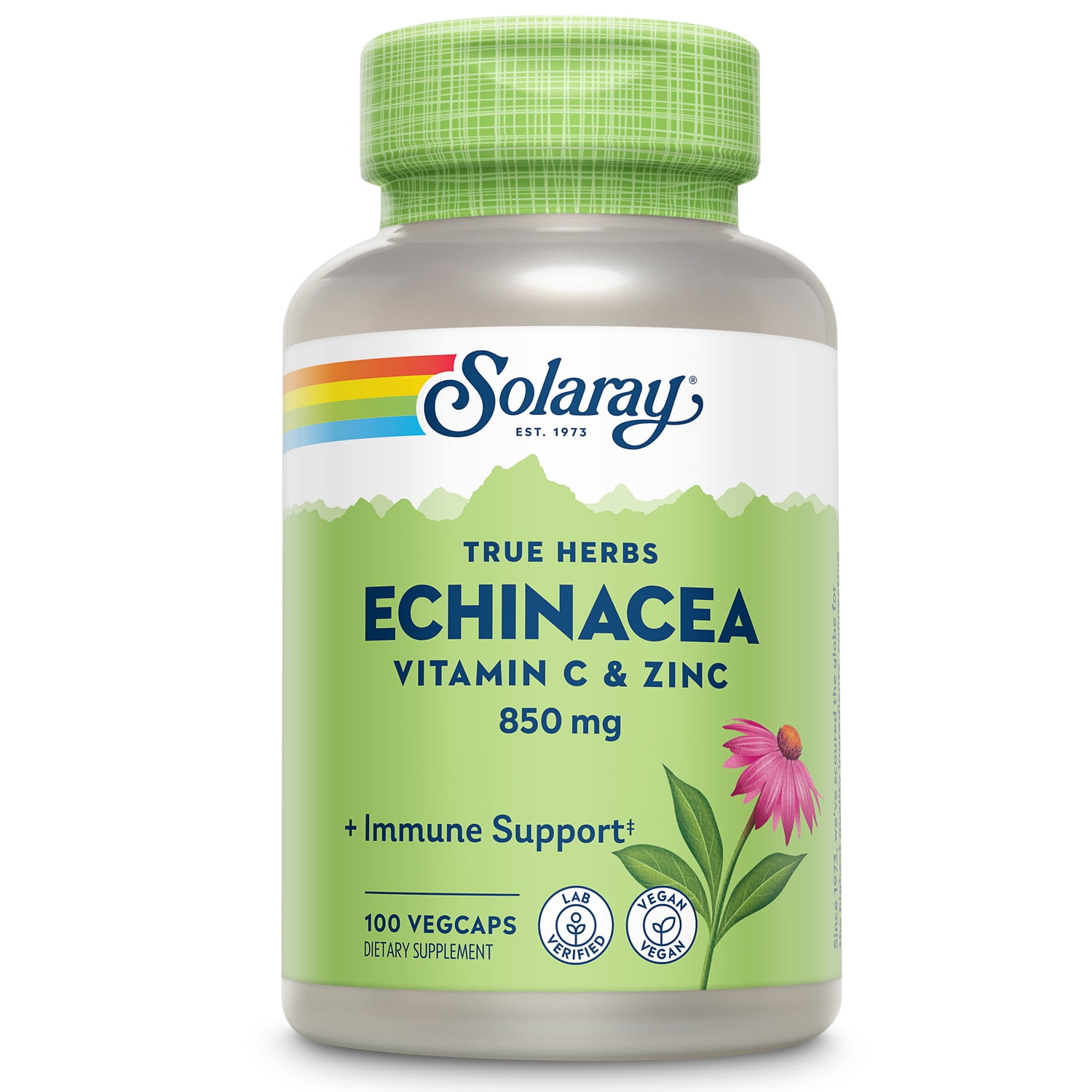 Solaray Echinacea Vitamin C & Zinc 850 mg Plus Bioflavonoids, Healthy Immune System Support 50 Servings, 100 VegCaps