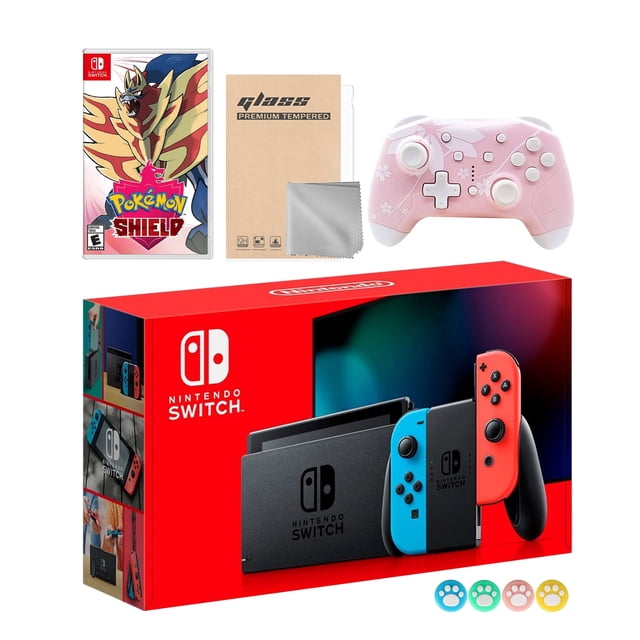 Nintendo Switch Console Joy-Con Néon Rouge Bleu, Ensemble avec Pokemon Shield et Mytrix Manette Sans Fil Switch Pro et Accessoires