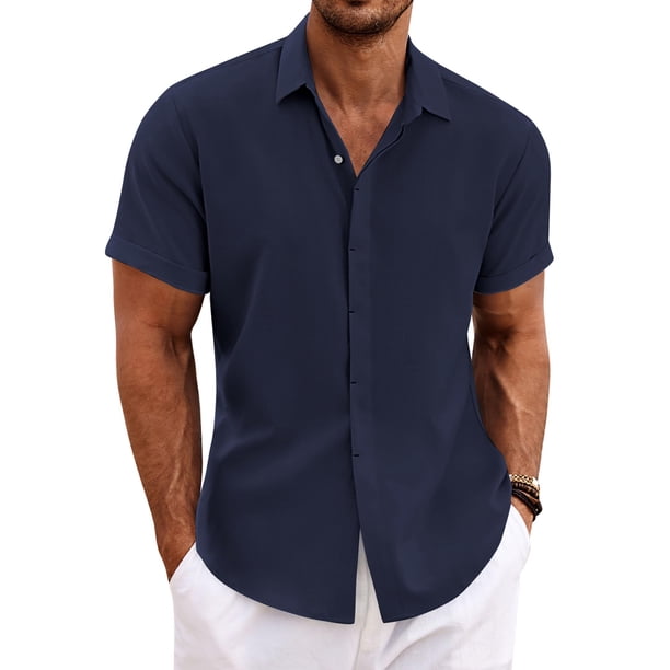 Camisa de lino para hombre COOFANDY de manga corta casual azul marino