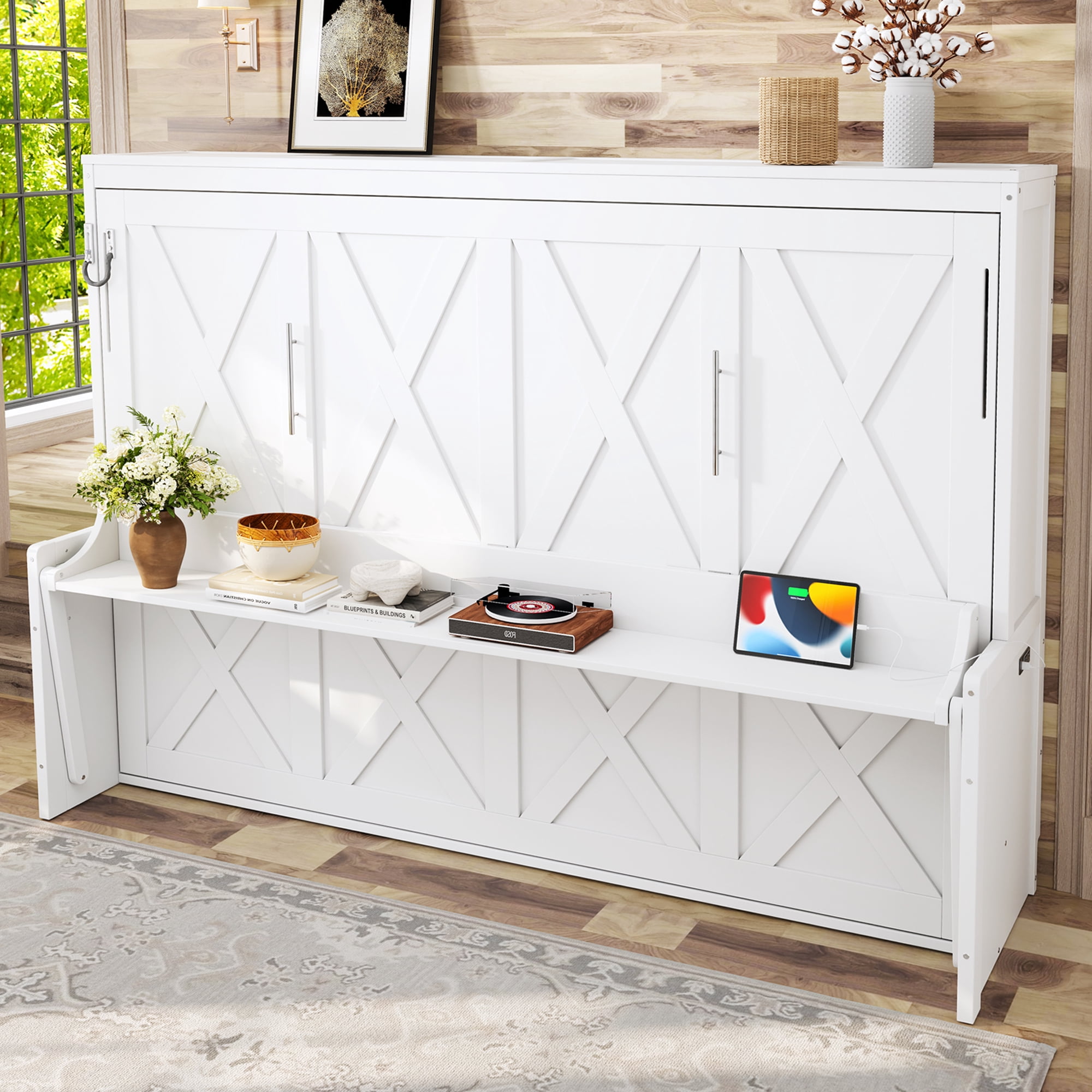 Leumius Queen Size Murphy Bed with Storage & Charging Station,Modern Murphy Cabinet with Desk,Multifunctional Storage Cabinet Bed with Foldable Panel for Guest Bedroom, Living Room, Office,White