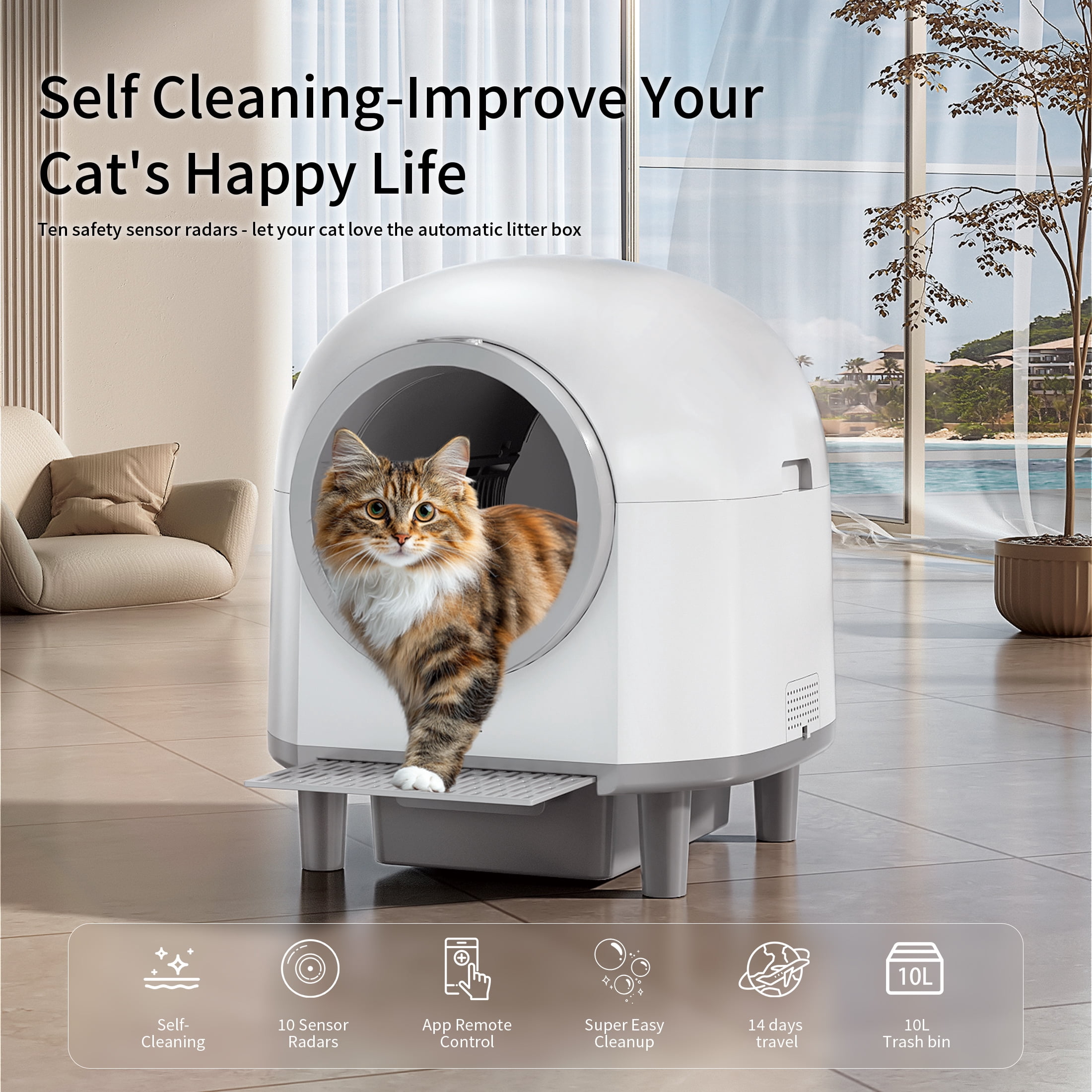 CATLK Automatic Self-Cleaning Cat Litter Box, 100L Cat Litter Box for Multiple Cats, Safety Sensor, WiFi APP Control, White