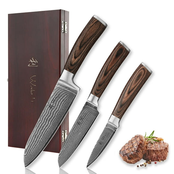 Wakoli Damascus Kitchen Knife Set, 3 Pieces Professional Chef Knife Set made from 67 Layers Damascus Steel with VG10 Core, Knives Set for Kitchen with Pakkawood Handles