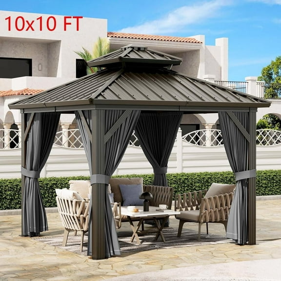 Emorefun 10x10 FT Hardtop Gazebo Double Roof Galvanized Iron Alum with Curtains & Netting