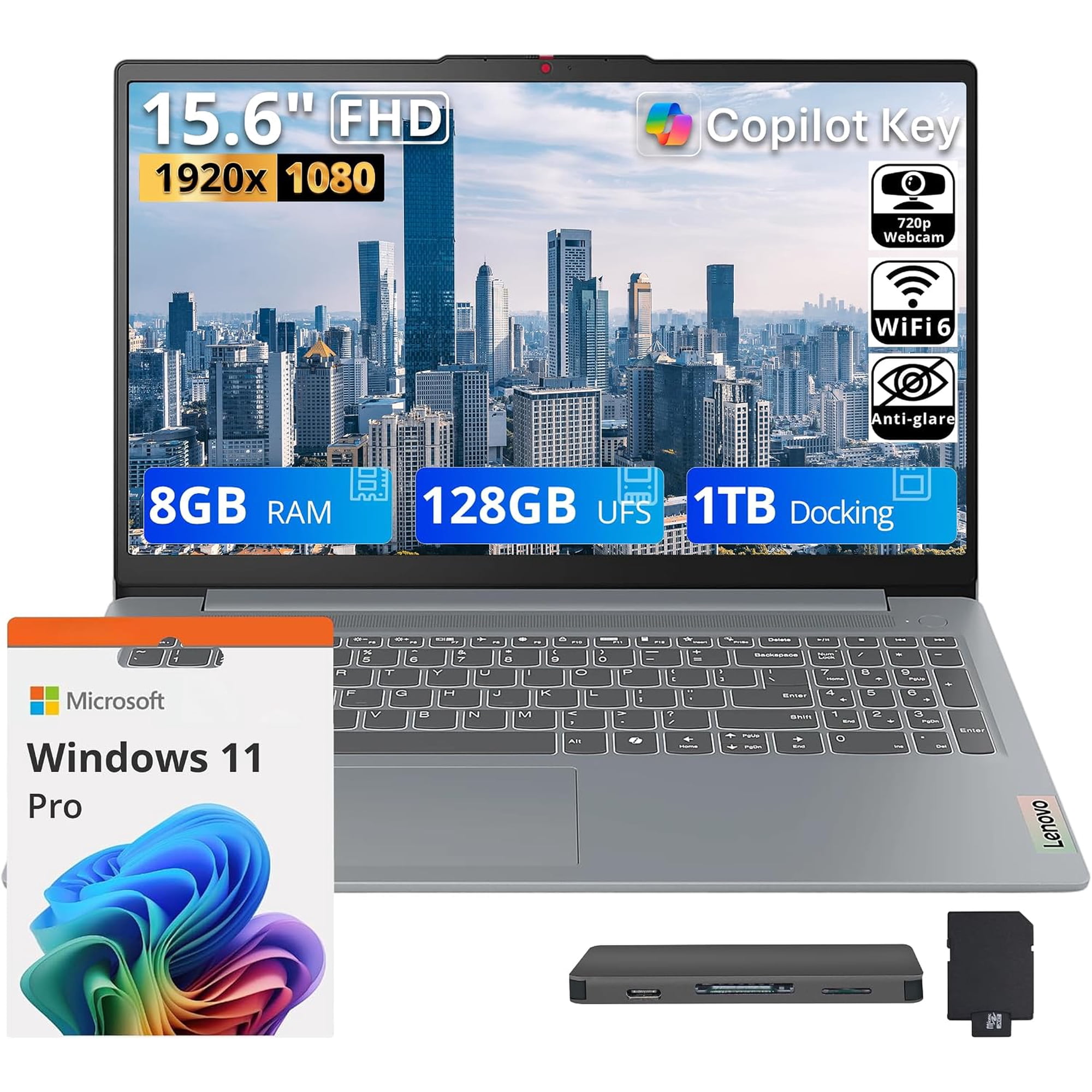 Lenovo IdeaPad Slim 3i 15.6 FHD Laptop Intel Core 3 N355 8GB LPDDR5 RAM 1.12TB Storage (128GB UFS+1TB Dock) Intel Graphics Wi-Fi 6 Camera Privacy Shutter Win 11 Pro Arctic Grey