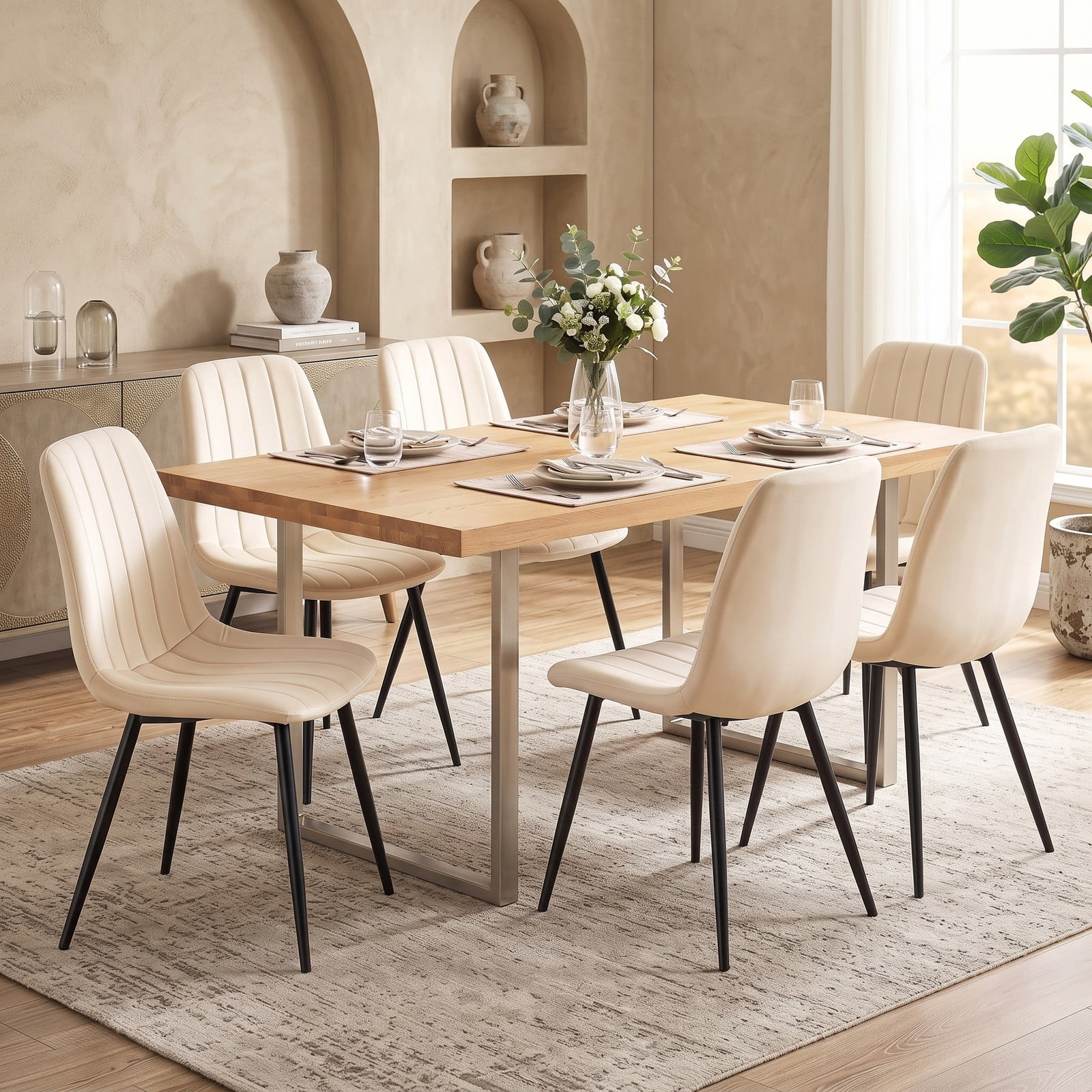 Furnibear Upholstered Fabric Dining Chairs Set of 4, Mid-Century Modern Accent Kitchen Side Chairs with Sturdy Metal Legs, Curved Backrest and Padded Seat for, Beige