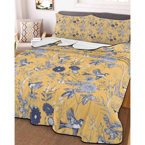 Vintage Flower King Size Down Alternative Comforter, Lightweight Comforter Quilt Bedding Set with Pillow Shams Country Bird Garden Butterfly Yellow All Seasons Bed Comforter Duvet Insert 96"x106"