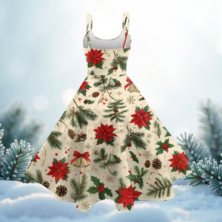 WTOBBY Women's Christmas Printed Sexy Strapless Gothic Cocktail Dress Punk  Vintage Style Holiday Party Wear with Festive Elements,Khaki 2XL