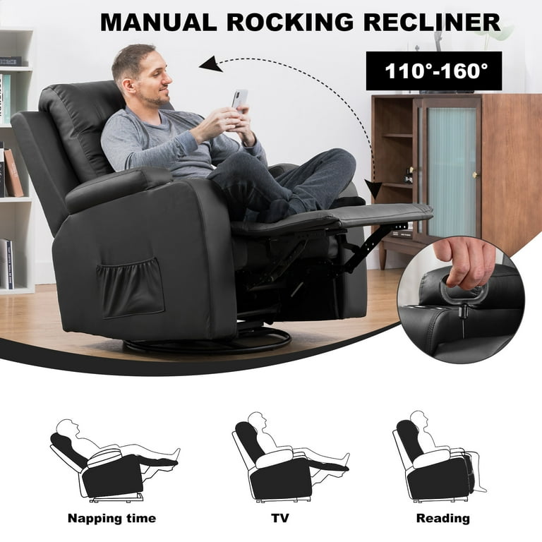COMHOMA Swivel Rocker Recliner Chair 35.8 Wide PU Leather Rocking Sofa with Heated Massage Black