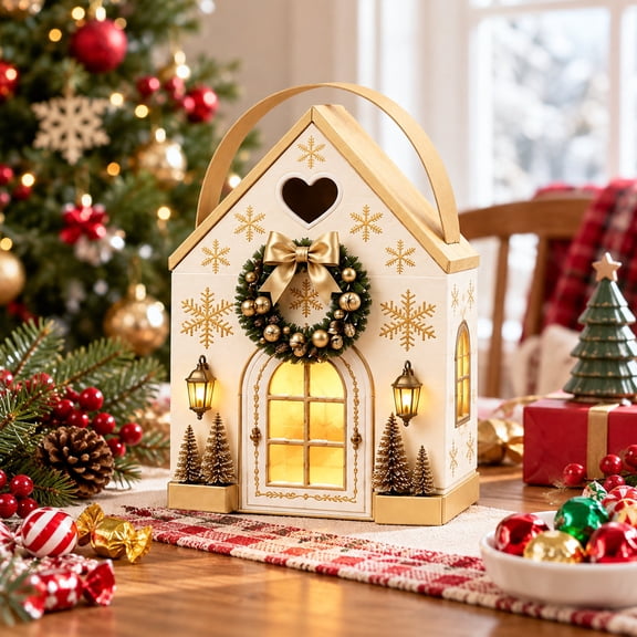 Christmas Magic House Gift Box Cottage Shaped Handle Packaging Gingerbread | Lidded Cardboard Container for Cookies Candy Small Presents Holiday Party Favor Storage Carrying Display Seasonal Treats