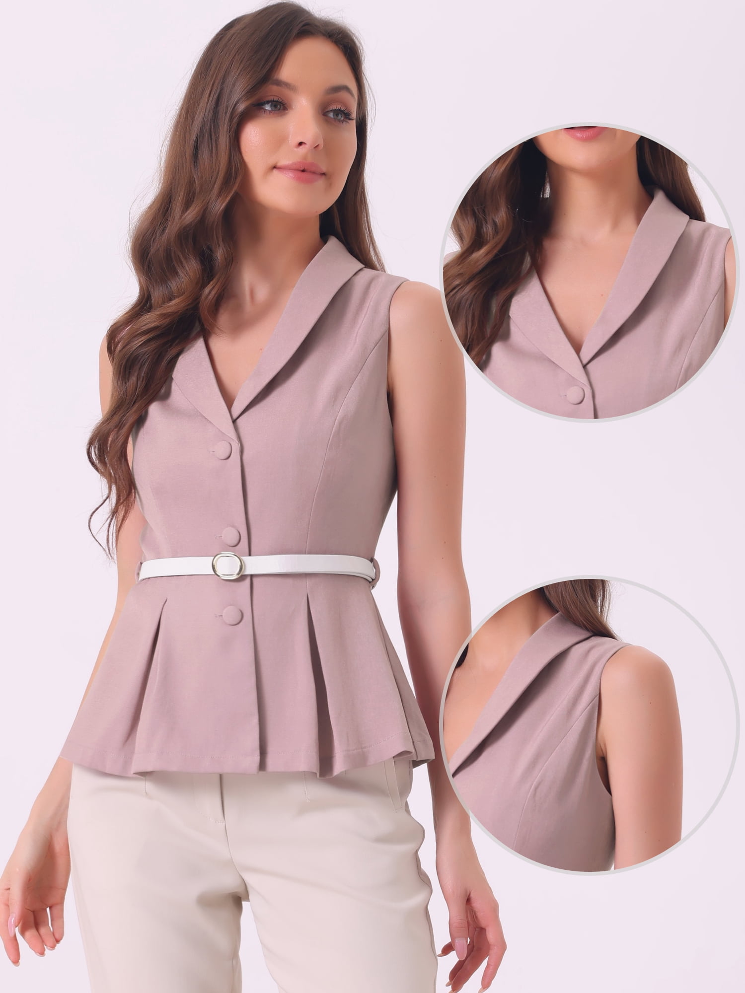 DARING DIVA Women's Lapel Collar Button Down Sleeveless Blazer S Grey Pink