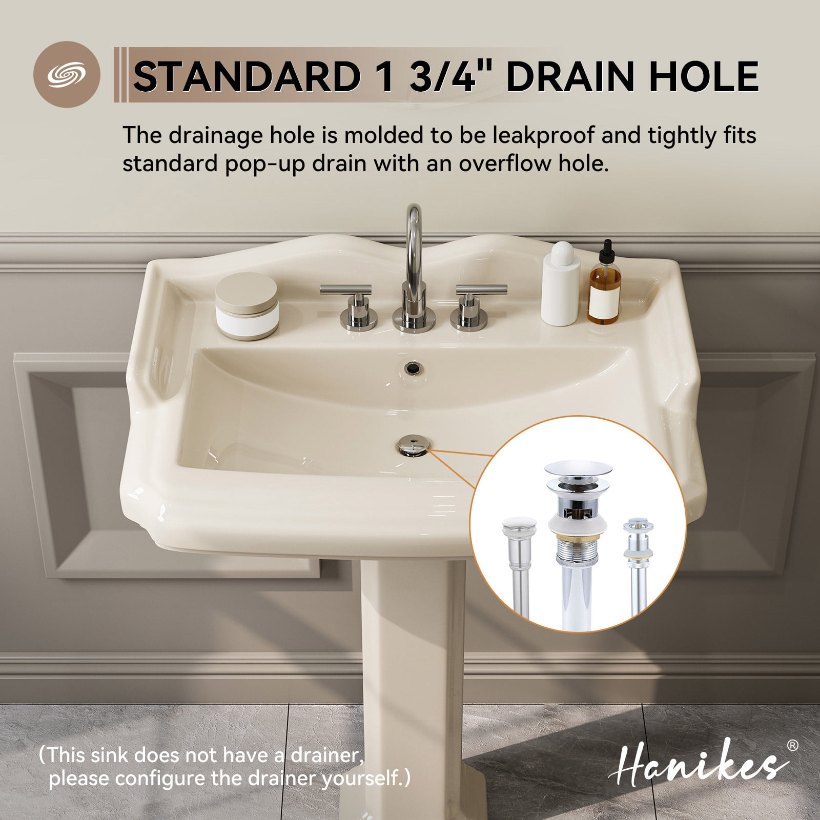 HOROW 23x19 Inch Bone Colored Pedestal Sink Combo with Overflow and Single Faucet Hole, Ceramic Bathroom Vanity Sink