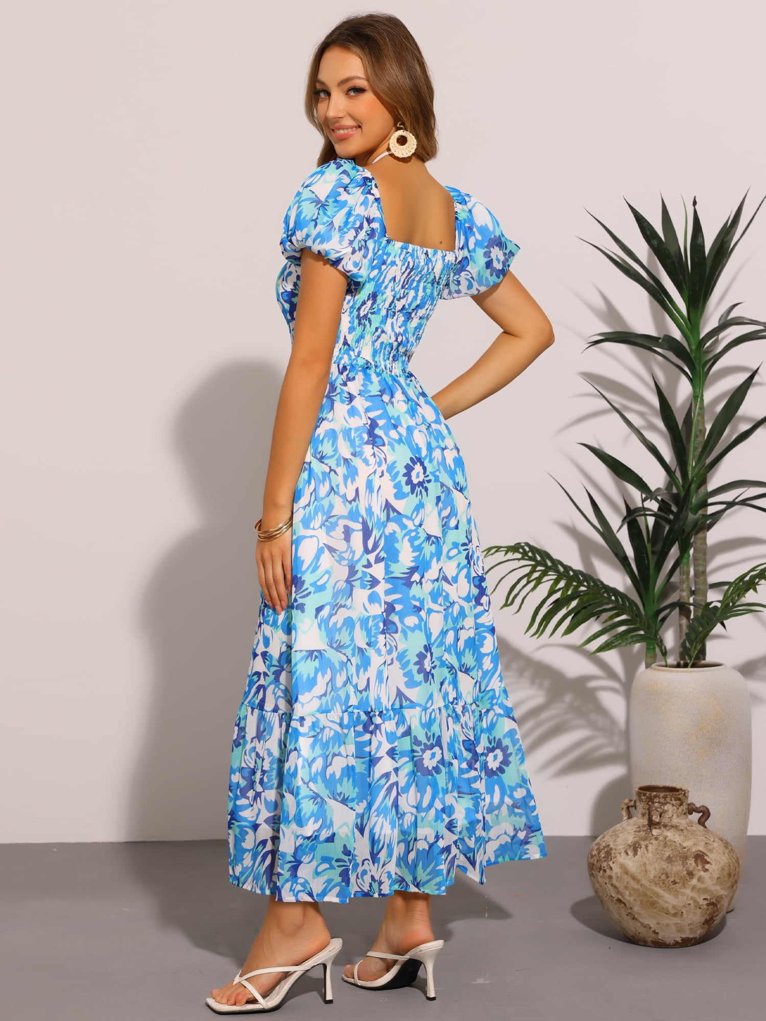DARING DIVA Square Neck High Waist Smocked Back Flowy Tiered Maxi Dress XS Blue