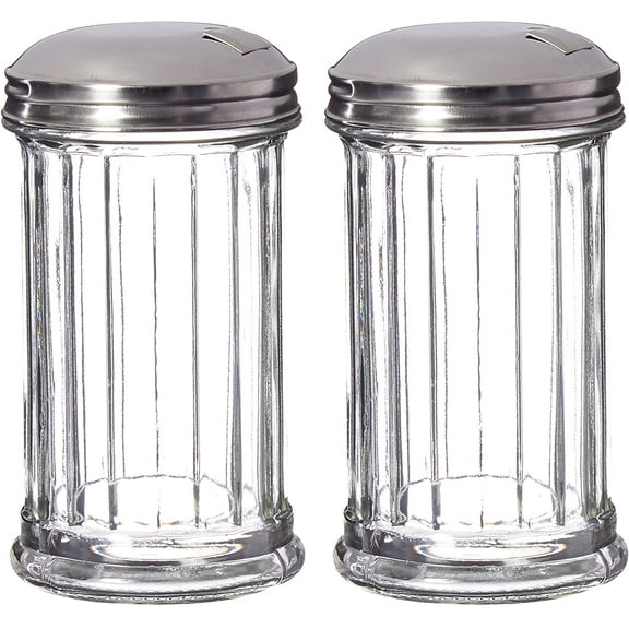 Retro Style Sugar Dispenser/Pourer/Shaker, Glass Jar, Stainless Steel Pour-Flap Lid, 12 oz, Set of 2
