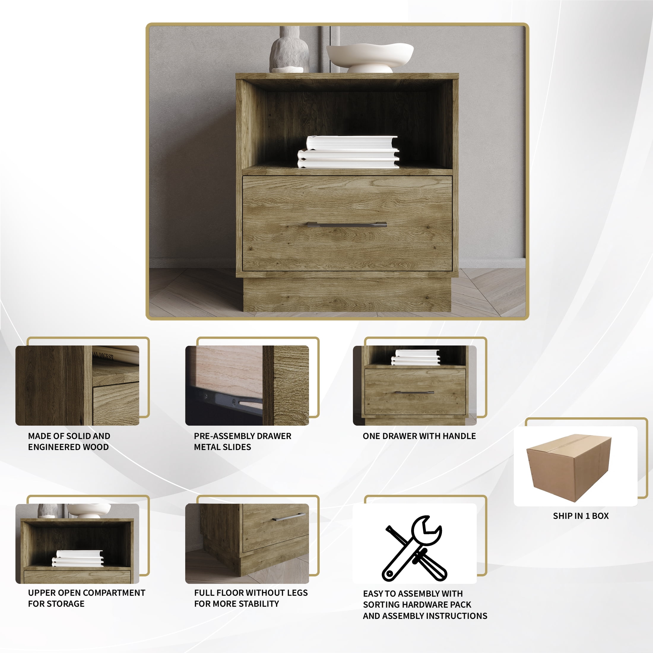 Castle Place Rustic Wood 1 Drawer Nightstand, Brown Oak