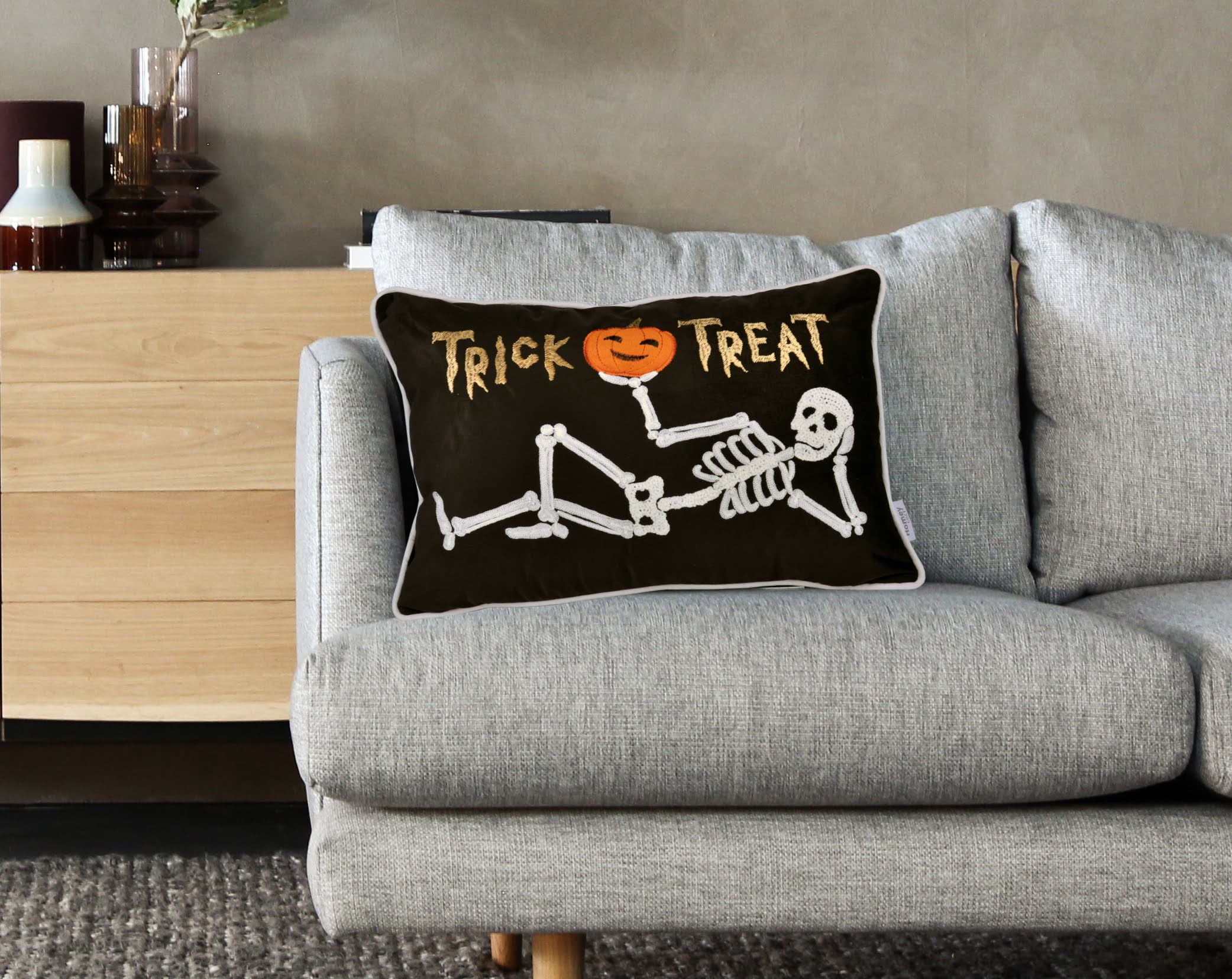 Trick or Treat Skeleton Embroidered Lumbar Throw Pillow 14x20 Inch Black Velvet for Sofa Bed Halloween Decor
