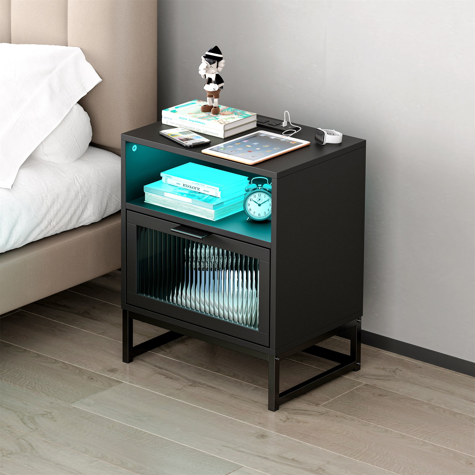 Resenkos Modern Nightstand with Charging Station and LED Lights Glass Drawer, Black Resenkos Modern Nightstand with Charging Station and LED Lights Glass Drawer, Black