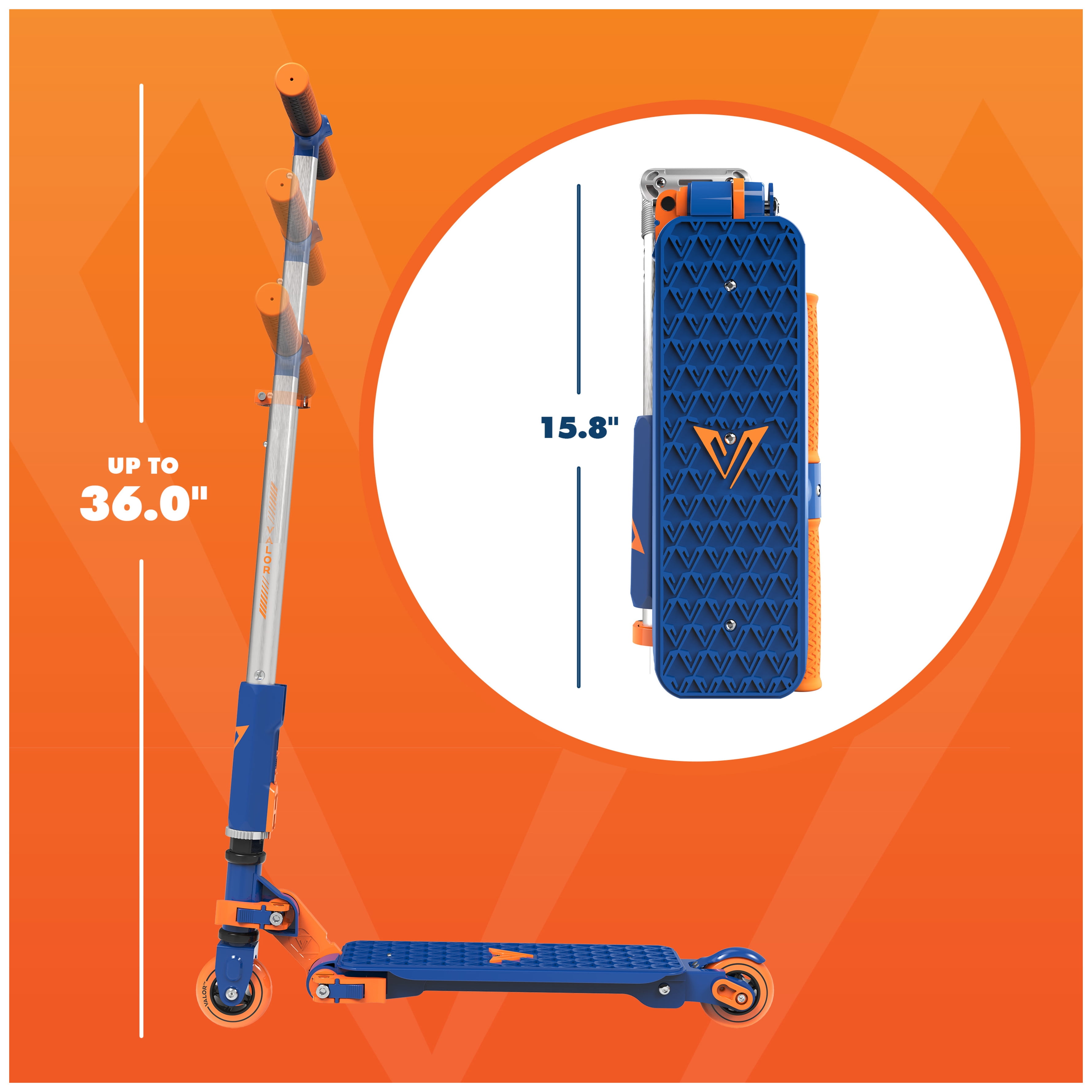 Valor Kick Scooter Toy, Light Foldable Scooter Kids with ABEC7 Wheel Bearing, Outdoor Toys for Kids Ages 8-12 and Up, Blue & Orange