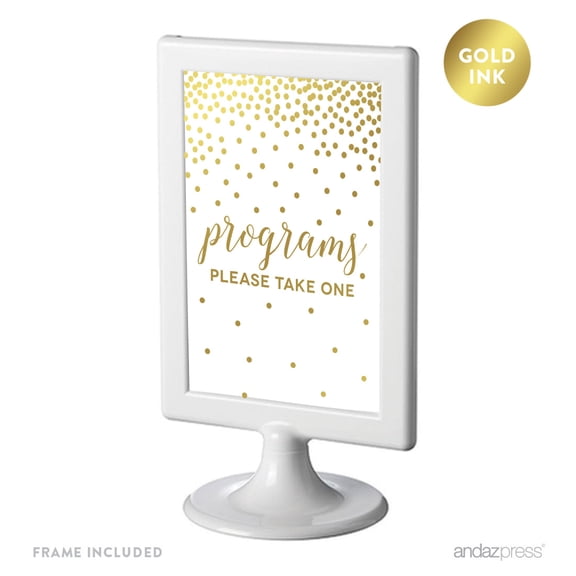 Metallic Gold Confetti Polka Dots 4x6-inch Party Signs, Programs, Please Take One, Includes Frame
