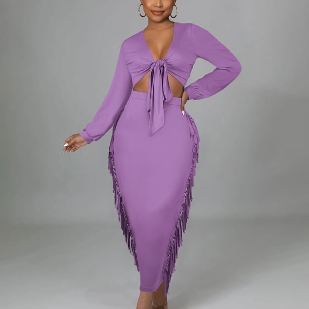 two piece dresses club Two Piece Club Outfit for Women Long Sleeve Front Tie Up Crop Top Blouse  Fringe Slim Fitted Pencil Skirt Maxi Dress