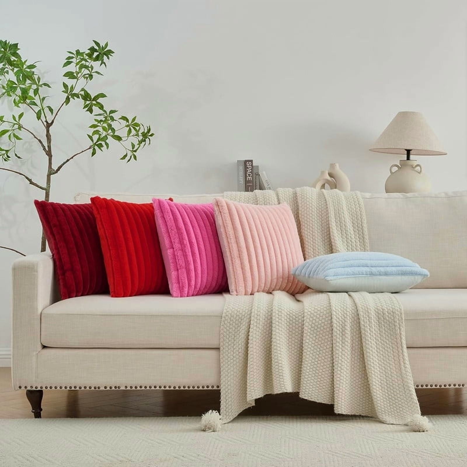 Throw Pillow Covers Decorative Faux Fur Set of 2 22 x 22 Inch Pillow Covers, Soft Wine Red Striped Outdoor Pillowcases for Couch Sofa Bed Living Room, Fluffy Cute Home Boho Accent Fuzzy Decor