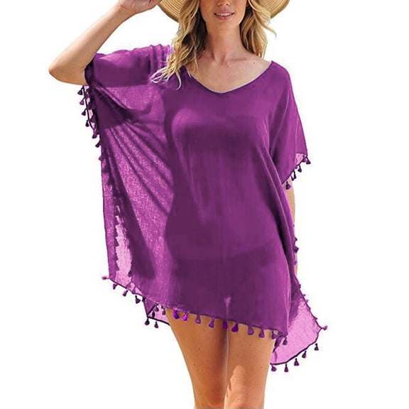 Huowey Kaftan Bikini Beach Tops Swimwear Women Trim Loose Up Cover Chiffon Tassels Plus Size Swimwear Summer Beachwear Honeymoon Cruise Trendy Wear