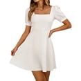 thumbnail image 2 of ClodeEU Women's Square Neck Puff Sleeve A-Line Mini Dress,Casual Swing Flare Short Dress for Party and Daily Wear White,Women's Plus XXL, 2 of 6