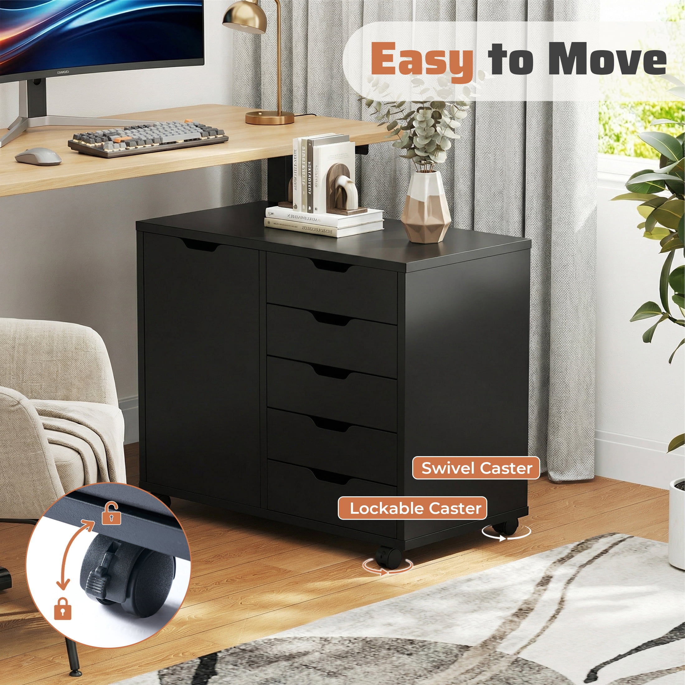 EDX 5-Drawer Wood File Cabinet, Mobile Printer Stand with Adjustable Shelf & Wheels, Storage Shelves for Home Office, Black