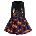 thumbnail image 2 of Women's Halloween Dress Candy Witch Hat V Neck Hepburn 1950s Cute Dress Long Sleeve Cocktail Casual Classic Tea Length Dress with Belt L, 2 of 5