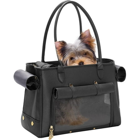 Fashion Pet Carrier Purse for Small Cat and Dog  Luxury Pu Soft-Sided Tote Bag with Large Pockets for Dogs and Puppies (Black  15.8  L x 7.5  W x 11.8  H)
