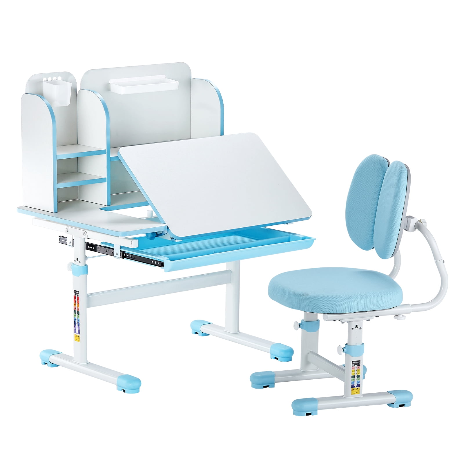 KFFKFF Children's Learning Desk and Chair, Learning Table with Bookcase ,Height Adjustable, 0-40° Tilt Desktop, Learning Station for Study, Bedroom, Blue
