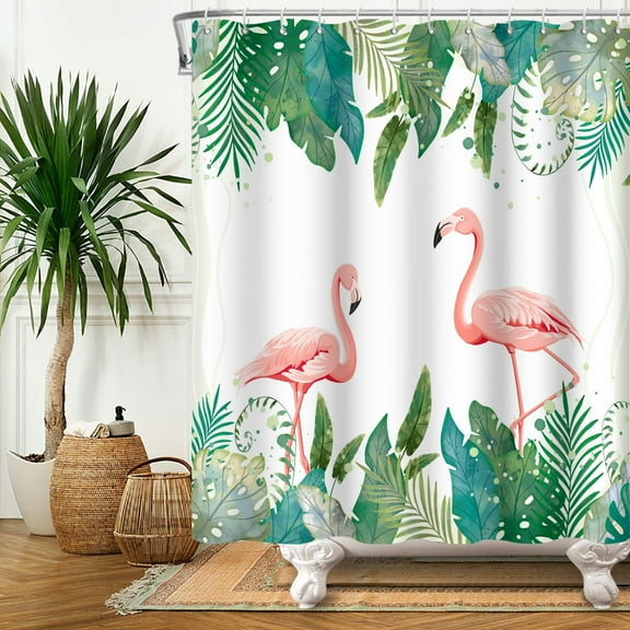 Flamingo Shower Curtain,Summer Tropical Palm Plants Waterproof Fabric Bathroom Curtain with Hooks,72x72 in