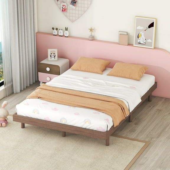 Miniyam Full Platform Bed , Low Profile Wooden Bed with Slats, No Box Spring Needed, Modern Design for Teen, Walnut