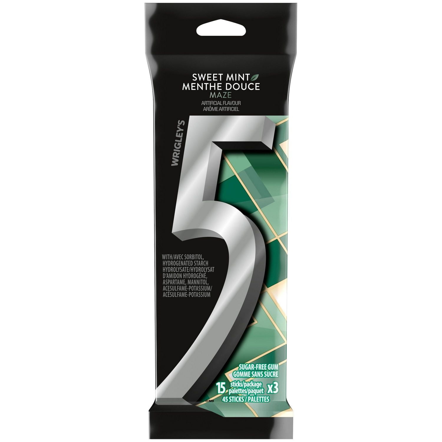 5 GUM , Gomme à Mâcher Sans Sucre à Saveur de Menthe Douce, 15 Palettes, Lot de 3