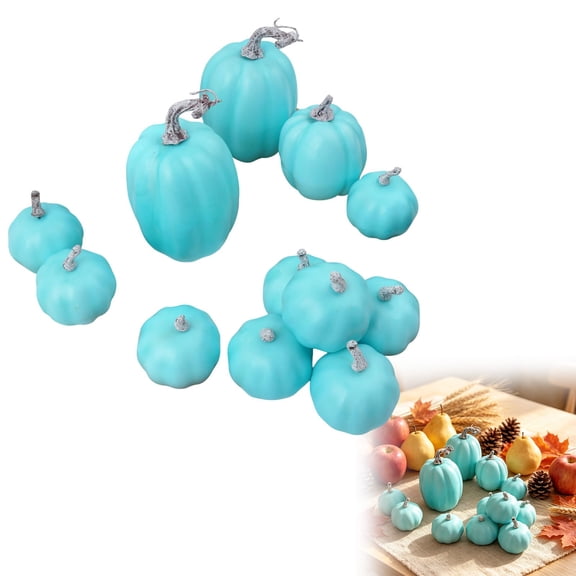 12 Pcs Assorted Sizes Fall Artificial Peach Blue Pumpkins Harvest Faux Foam Light Pink Pumpkins for Fall Autumn Season Halloween Thanksgiving Harvest Festive Tabletop Decoration