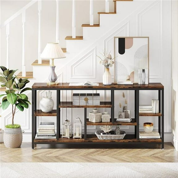Emoottoo TB-JW0314 70.9 in. 3-Tier Extra Long Industrial Console Table - Behind Couch with Storage Shelves - Rustic Brown