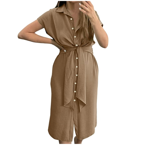 pstuiky Womens Dresses, Women Short-Sleeved Lapel Dress Solid Color Lace-Up Dress Button up Shirt Dress Leisure Brown S