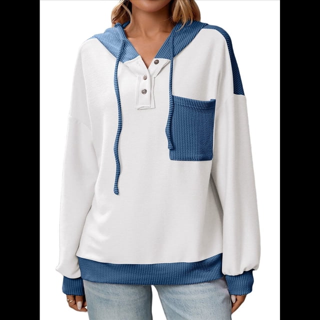Sudadera con Capucha para Mujer 2025, Cuello Abotonado, Cordón Ajustable, Sudadera Informal de Larga, Camisetas. y Azul S