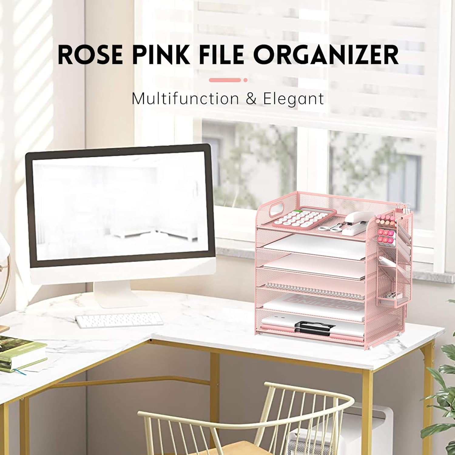 INTIGE 6 Tier Metal File Organizer with 4 Pen Holders and Handle, Desk Paper Organizer, Pink, Need Mount