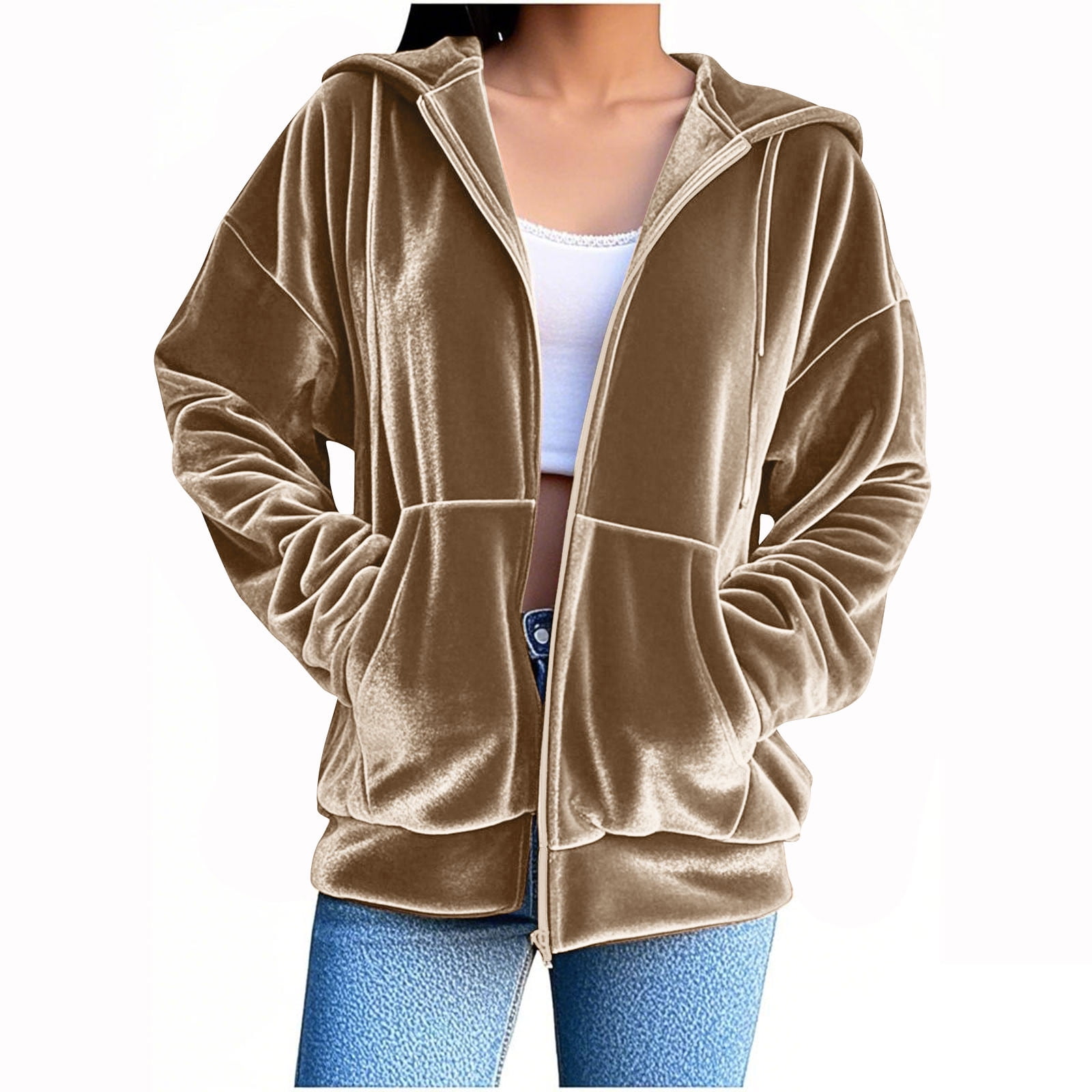 Women's Velour Hooded Jacket Long Sleeve Full Zip Outerwear Soft