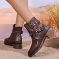 thumbnail image 5 of Rokment Vintage Wide Calf Combat Boots for Women Winter Spring Retro Leather Flower Buckles Chunky Heels Riding Ankle Booties Wine Size 9, 5 of 7