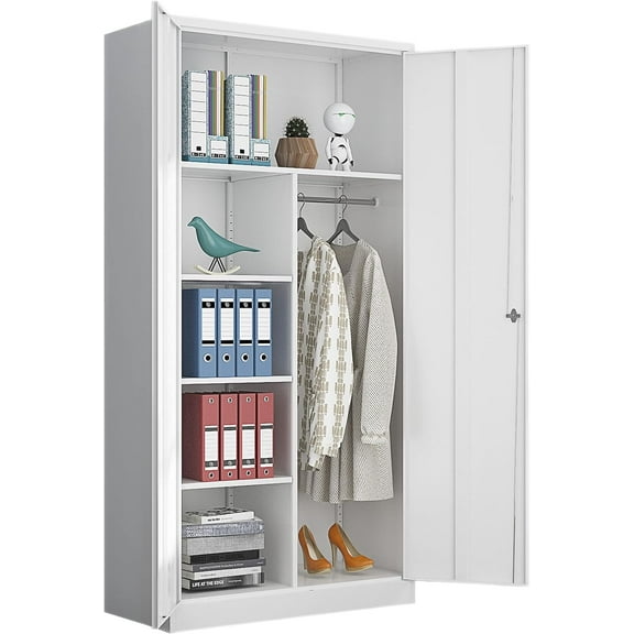 Yizosh Metal Armoire Wardrobe Closet Cabinet for Hanging Clothes with Lock Doors, -72" Steel Lockable Wardrobe Storage Locker Clothes Organizer for Bedroom, Laundry Room (White)