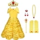 thumbnail image 1 of Tamaño: 4-5 años, vestido de princesa Bella, 9 piezas de princesa Bella, disfraz de Bella/disfraz de capa con capucha para cosplay, boda, carnaval, fiesta de cumpleaños, amarillo, 1 of 5